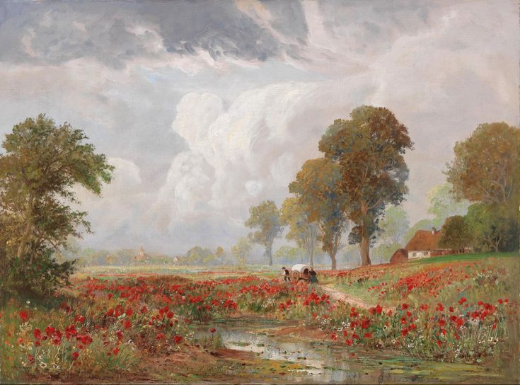 an oil painting of a field with red flowers and horses in the distance by a stream