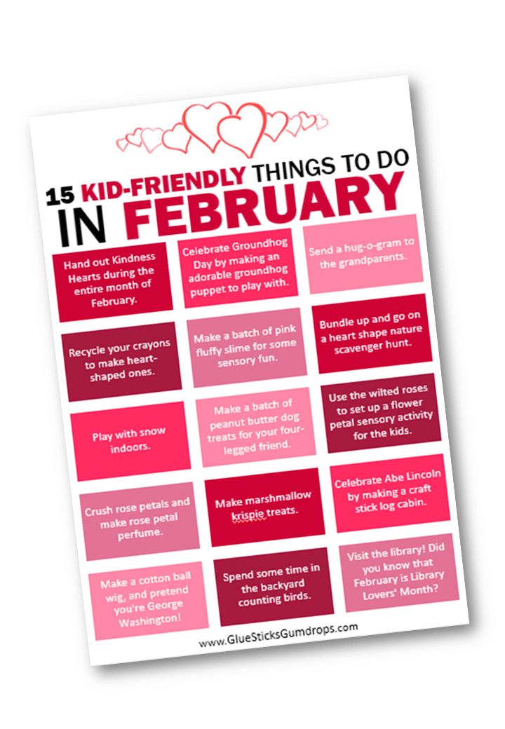 a pink and red poster with the words, 15 kid - friendly things to do in february