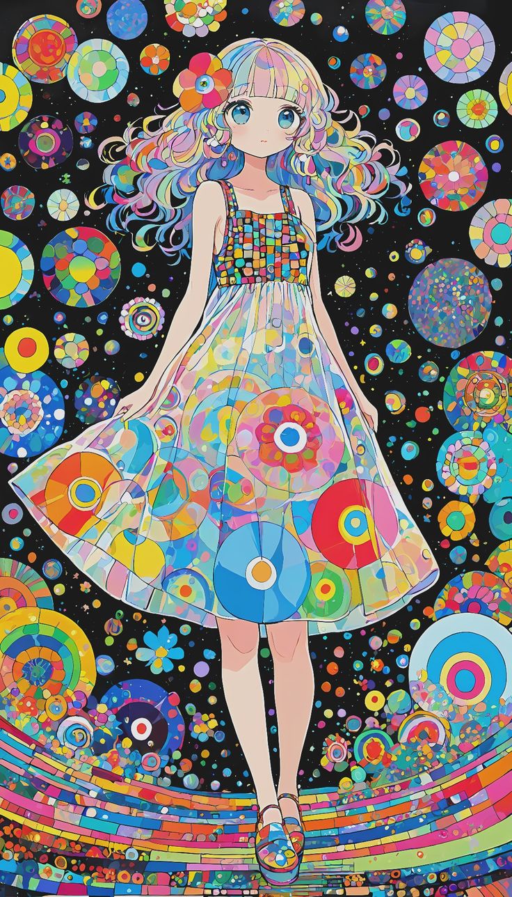 a painting of a girl in a dress with circles around her and the sky above her