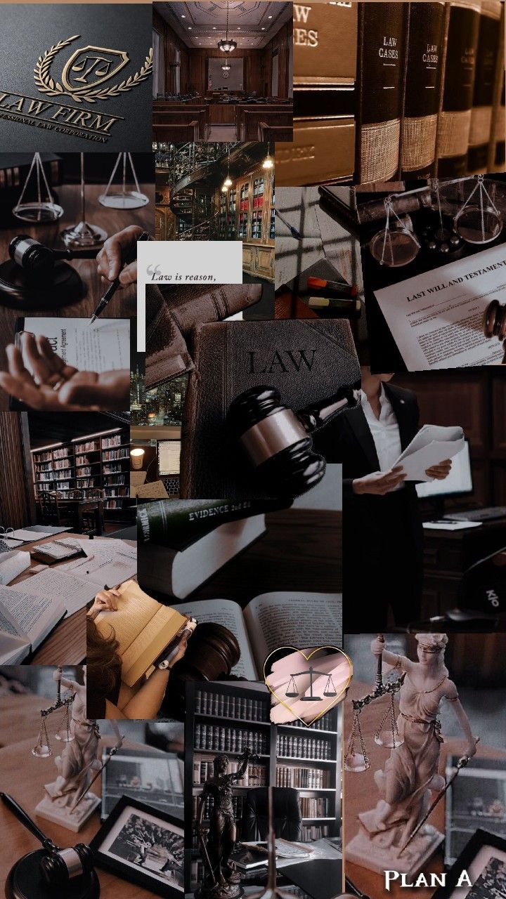 a collage of photos with law books and gavel on them, including an image of a judge's desk