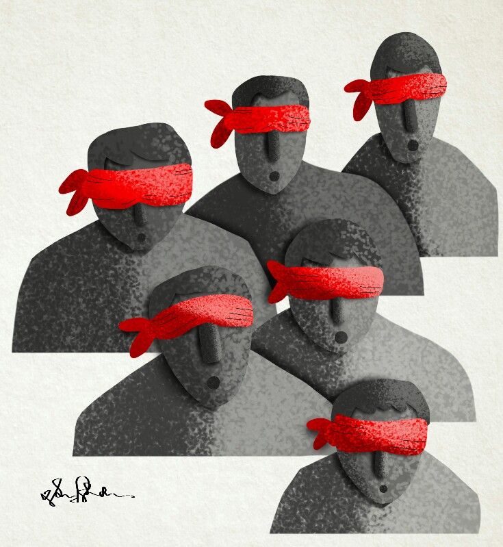 four people with red blindfolds on their heads are shown in the same image