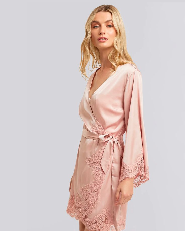 Dusty Rose Pink Sian Lace Robe – Gigi & Olive Bridal Intimates, Sipping Champagne, Personalized Robe, Honeymoon Outfits, Dusty Rose Pink, Cami Set, Rose Lace, A Goddess, Bridal Robes