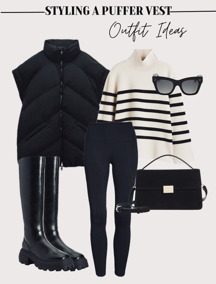 Casual And Stylish Outfits, Oversize Puffer Vest, Sweater Outfit Inspiration, Winter Outfits For Work Women, Rainy Day Outfit Women Casual, Women Vest Outfits Winter, Breton Sweater Outfit, Leggings 2023 Street Style, Styling Leggings Winter