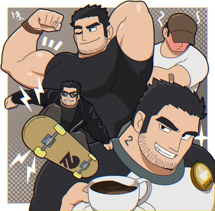 an image of a man holding a skateboard and coffee with other men around him