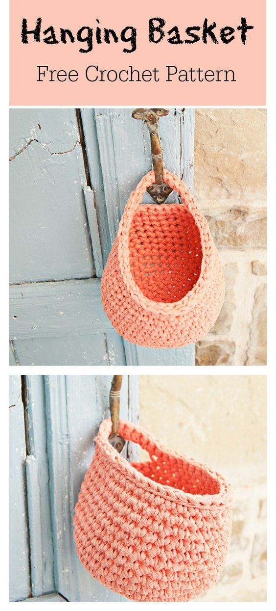 an orange crocheted basket hanging from a hook on a door with text overlay that says, free crochet pattern