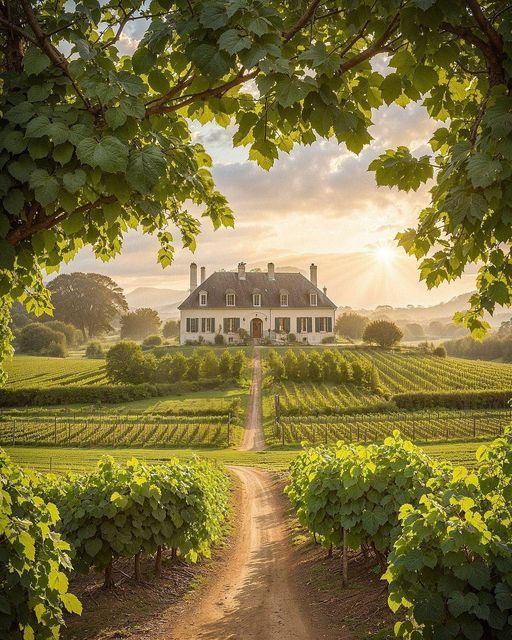 a large house sitting on top of a lush green field next to a dirt road