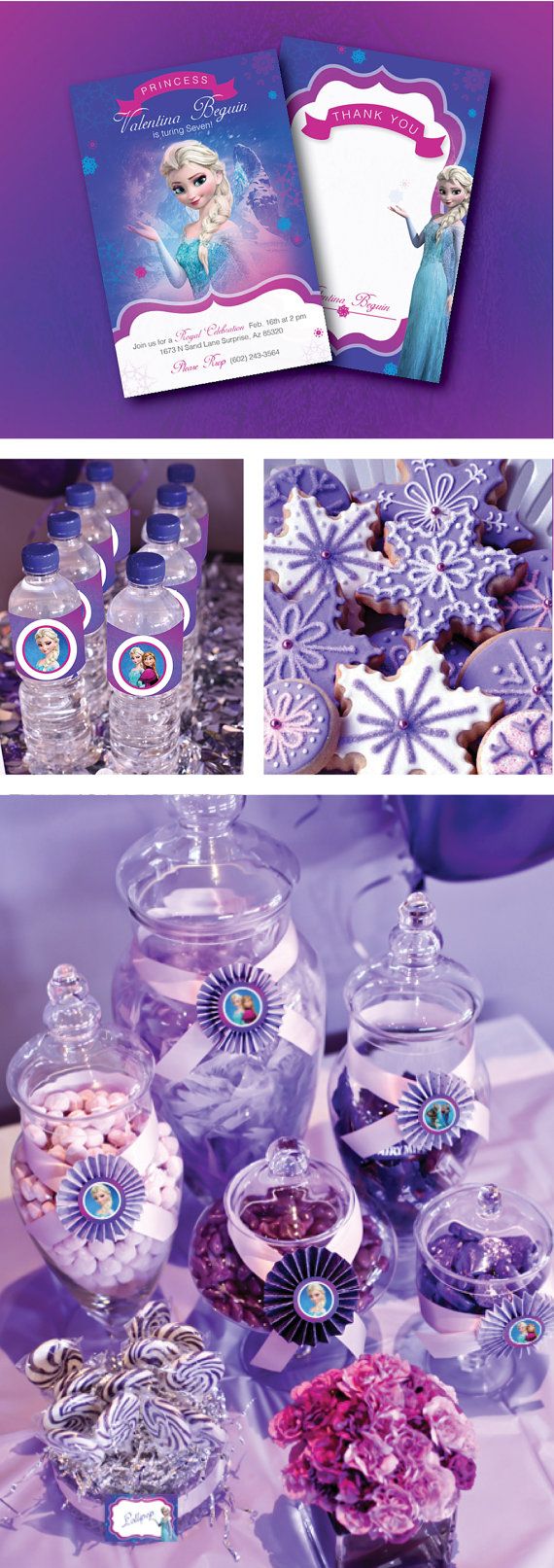 four different pictures of snowflakes and ornaments in purple tones, including one with an ornament on it