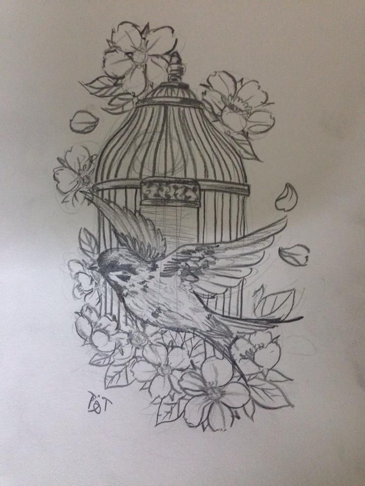 a drawing of a bird in a cage with flowers