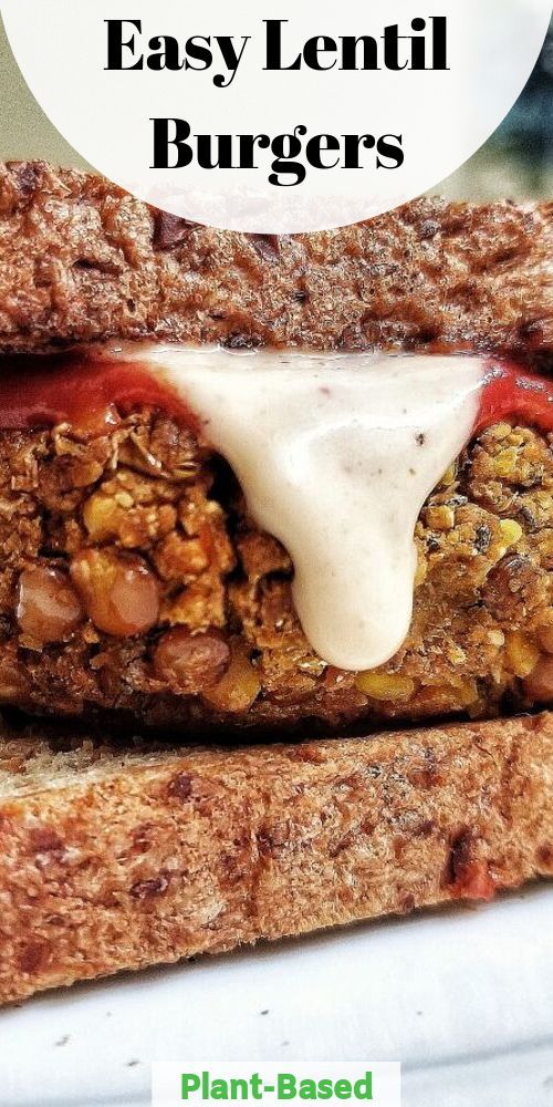 a close up of a sandwich with the words easy lentil burgers on it