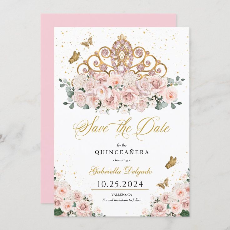 save the date card with pink roses and gold foil on it, in front of a marble