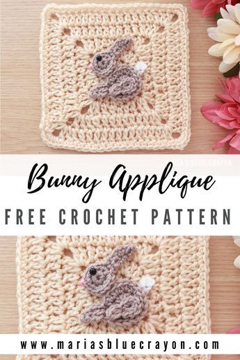 two crocheted bunny appliques on top of each other with flowers in the background