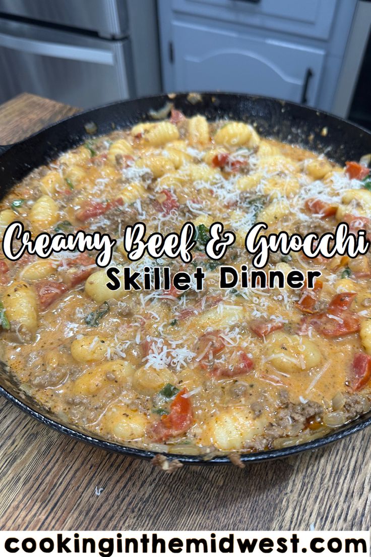 Skillet dinner creamy beef and gnocchi Creamy Beef Gnocchi Recipes, Hamburger And Gnocchi Recipes, Hamburger Gnocchi Recipes, Ground Beef Gnocchi, Midwest Cooking, Beef And Gnocchi, Beef Gnocchi, Gnocchi Dinner, Cooking In The Midwest