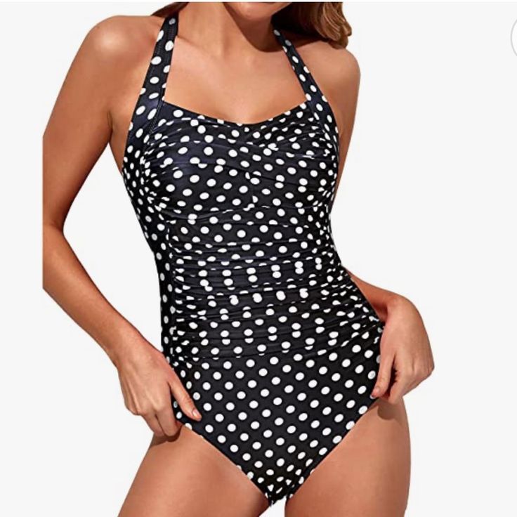 Temp Me Polkadot Swimsuit Halter Ties At Neck Black And White Ruched Tummy Control Never Worn Size L Amazon Sleeveless Swimwear For The Beach, Fitted Sleeveless Swimwear By Amazon, Fitted Polka Dot Tankini For Beach, Poolside Fitted Polka Dot Tankini, Polka Dot Fitted Tankini For Poolside, Amazon Fitted Beachwear Swimwear, Fitted Amazon Beachwear Swimwear, Polka Dot Fitted Tankini For Vacation, Fitted Swimwear For Pool By Amazon