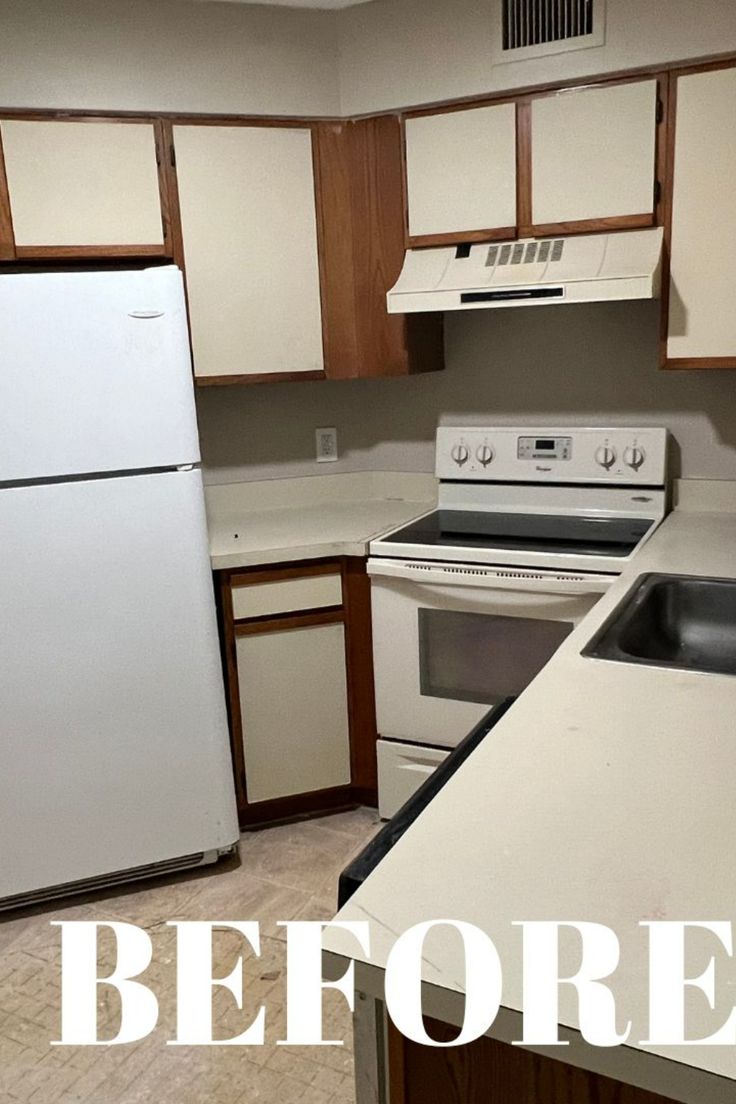 an empty kitchen with white appliances and wood cabinets, before and after remodeling