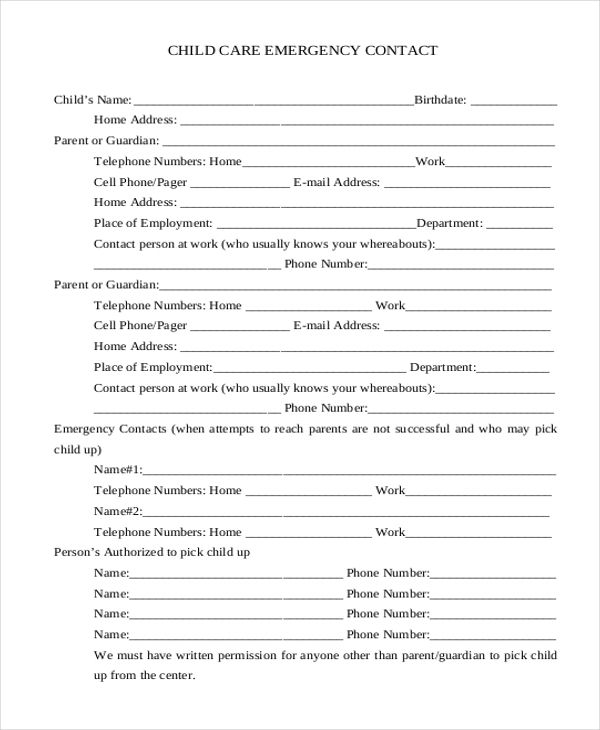 the child care emergency contact form is shown in this file, and it contains information for each