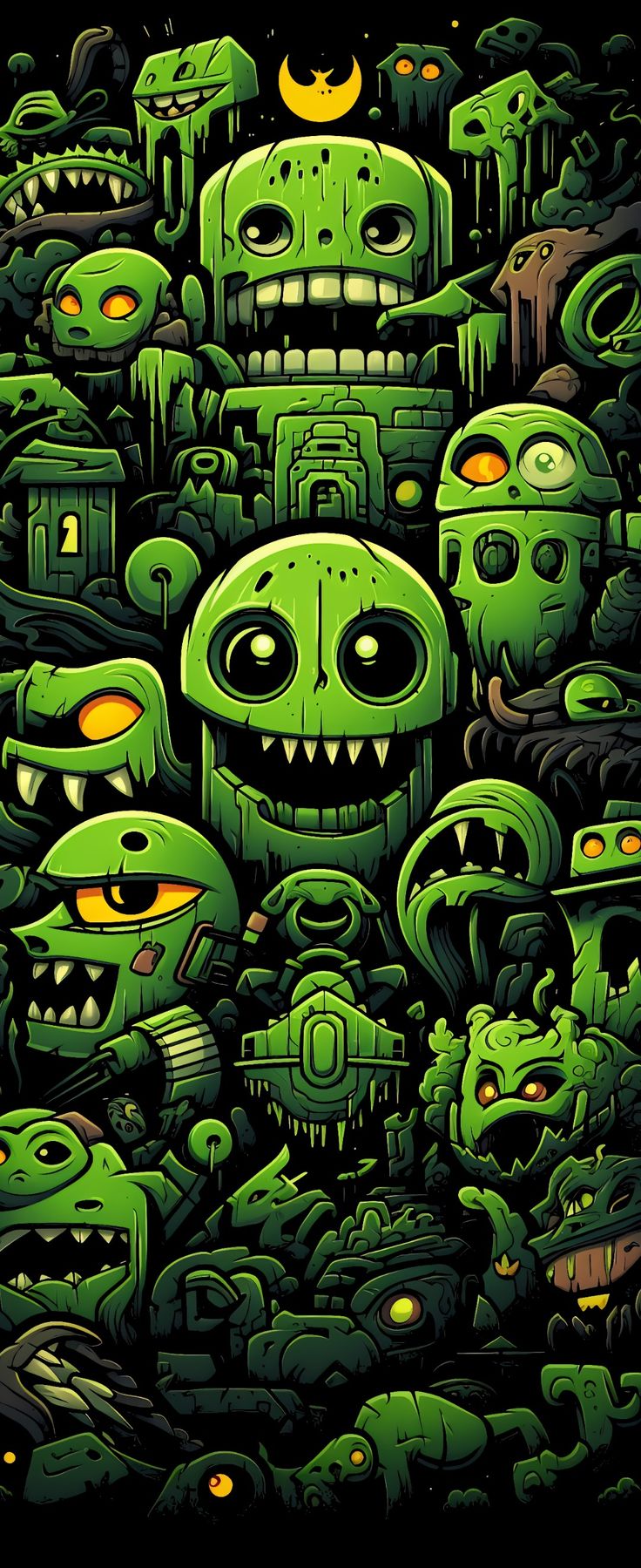 a bunch of green monsters with glowing eyes and fangs on their faces, all in the same pattern