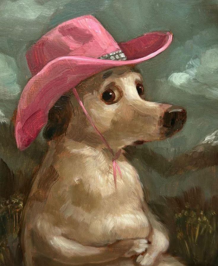 a painting of a dog with a pink hat on it's head sitting in the grass