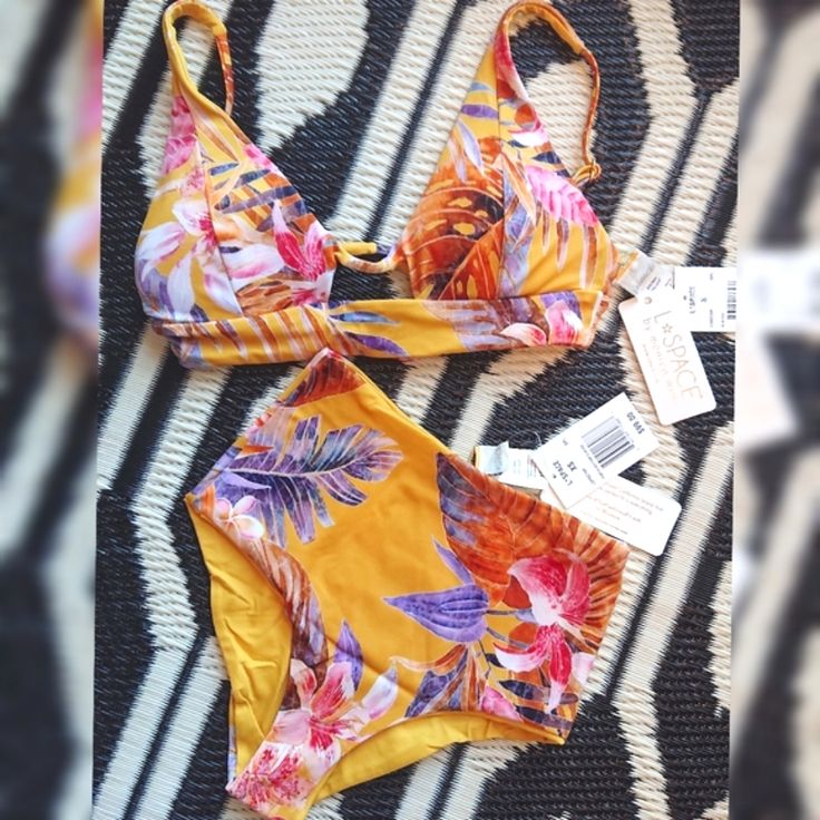 Brand New With Tags L*Space Bikini Set In Desert Palm Alia Top + Portia Bottom As Sold By Anthropologie Channel The Tropics In The Alia Top. With A Head-Turning Lush, Printed And Solids, This Top Features A Keyhole Front, And Back Cutout Detail. Customize Your Fit With Removable Pads And Adjustable Straps. The Portia Features A High-Waist Silhouette With Buttery, Seamless Construction To Create The Perfect On-Trend Retro Look! Tags: Lspace, Revolve, Free People, Retro Yellow Sleeveless Swimwear For Beach Season, Yellow Sleeveless Swimwear For Beach Party, Sleeveless Yellow Swimwear For Beach Party, Tropical Yellow Swimwear For Beach Season, Yellow Hawaiian Swimwear For Vacation, Yellow Hawaiian Style Swimwear For Vacation, Yellow Tropical Print Swimwear For Poolside, Yellow Tropical Print Swimwear For Vacation, Yellow Tropical Print Swimwear For Summer