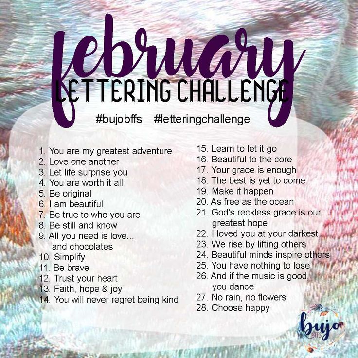 a poster with the words february ettering challenge written in purple and pink on it