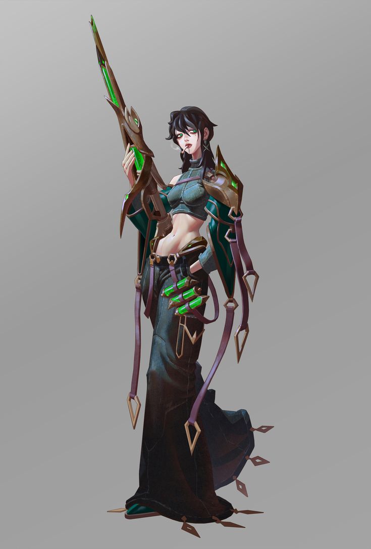 a female character holding two swords in her hands and wearing an outfit with green accents