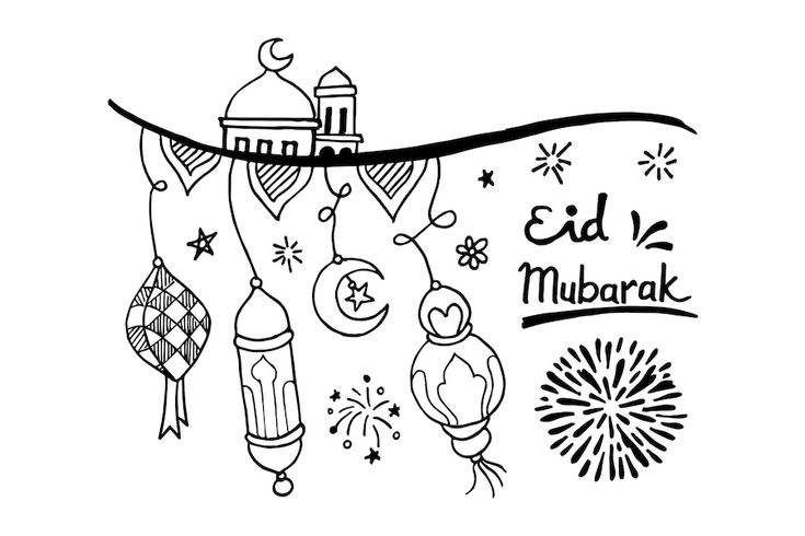 the eid mubarak greeting card with fireworks and balloons in black and white