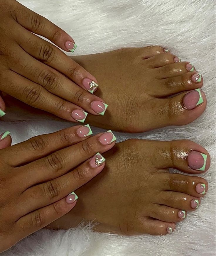 Pink And Green Pedicure Ideas, Short Nails And Toes Set, Shorties Nails And Toes Set, Hand And Toes Nails Matching, Lime Green French Tip Toes, Nail Shop Nails, Short Nails And Feet Set, Stiletto Nail Inspo Summer, Matching Nail And Feet Set