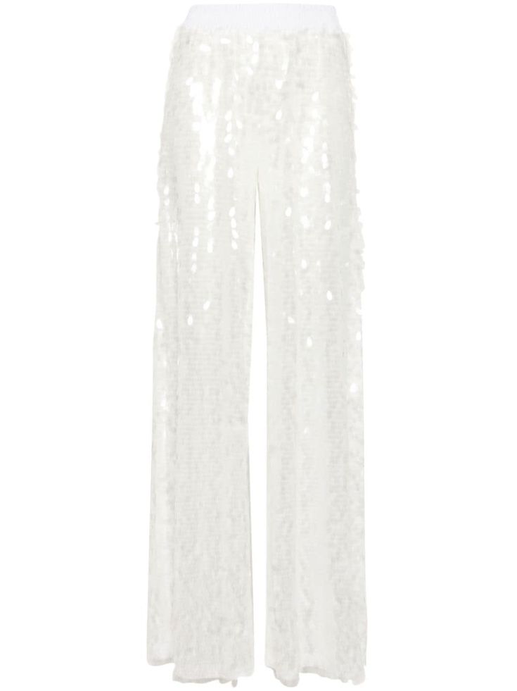 white mesh design paillette embellishment high waist elasticated waistband wide leg flared hem Wedding Guest Looks, Flared Trousers, City Dress, High Waisted Flares, Norma Kamali, Bell Bottom Pants, Demi Fine Jewelry, Flare Trousers, White Mesh