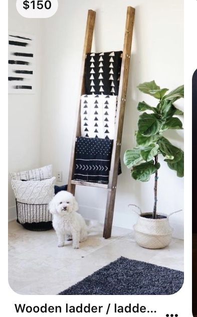 a small white dog sitting in front of a wooden ladder next to a potted plant