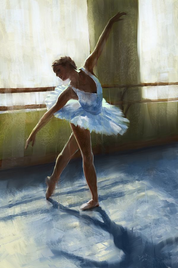 a painting of a ballerina in a white tutu and blue leotard