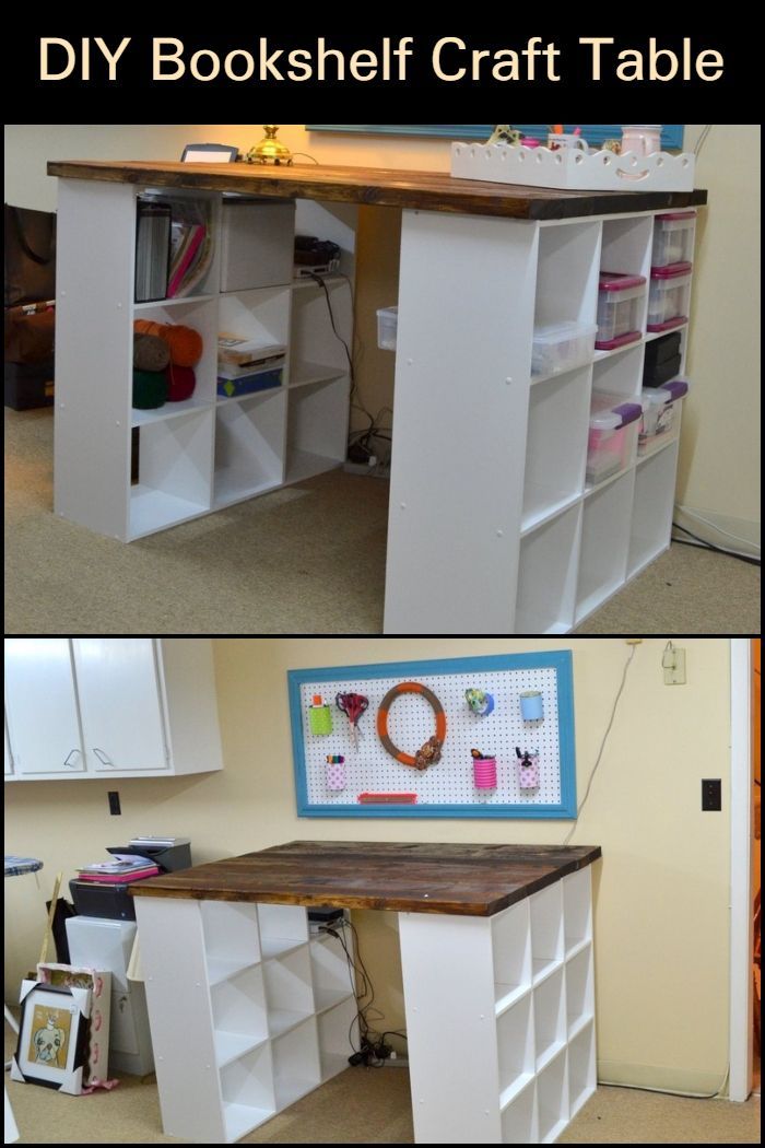 two pictures of a craft table with bookshelves on top and below the desk