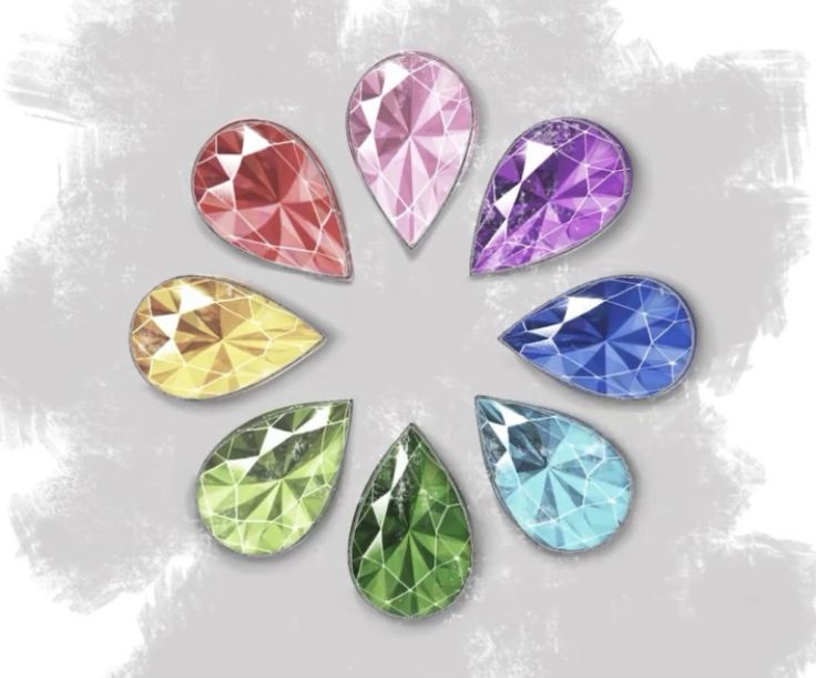 six different colored diamonds arranged in a circle on a gray background with watercolor stains