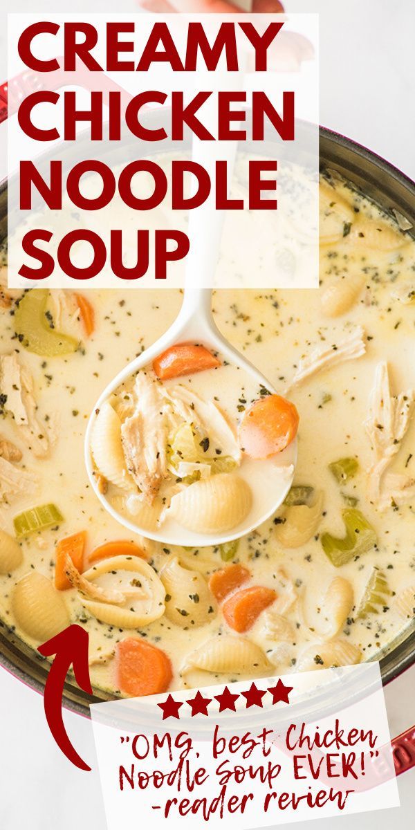 creamy chicken noodle soup in a bowl with a spoon