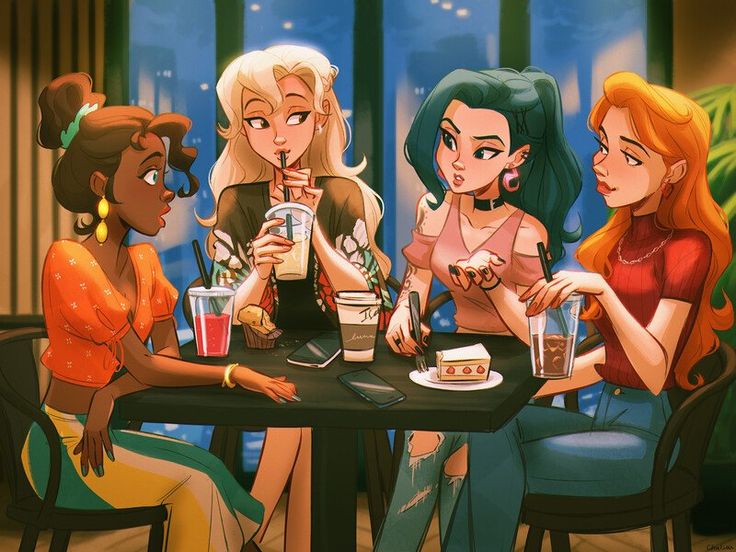 three women sitting at a table with drinks in their hands and one woman holding a cell phone to her ear