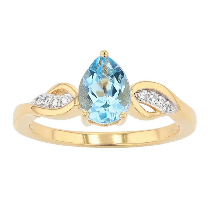 This enchanting blue topaz and cubic zirconia accent ring will be your new favorite accessory. This enchanting blue topaz and cubic zirconia accent ring will be your new favorite accessory. Nickel free Metal: sterling silver Packaging: boxed Plating: 14k gold Width: 8 mm Finish: polishedSTONE DETAILS Stone type: Swiss blue topaz, cubic zirconia Total weight: 1 1/10 ct. Center stone weight: 1 ct. Center stone size: 8 mm x 6 mm Shape: pear, round Setting: prong Gemstones may have been treated to e Blue Birthstone Ring With Diamond Accents For Promise, Aquamarine Diamond Ring For Promise, Aquamarine Promise Ring With Diamond Accents, Promise Ring With Cubic Zirconia And Gemstone Accents, Blue Topaz Ring With Diamond Accents And Cubic Zirconia, Blue White Topaz Ring For Promise, Fine Jewelry Blue Topaz Birthstone Ring With Gemstone Accents, Blue Topaz Birthstone Ring With Gemstone Accents, Blue Topaz Birthstone Diamond Ring