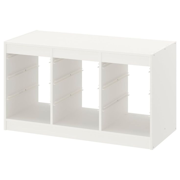 a white shelf with four drawers and three shelves on the bottom one is open to reveal several compartments