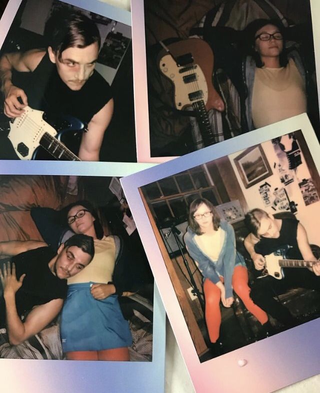 four polaroid photos of people playing guitars and posing for the camera, with one person holding an electric guitar