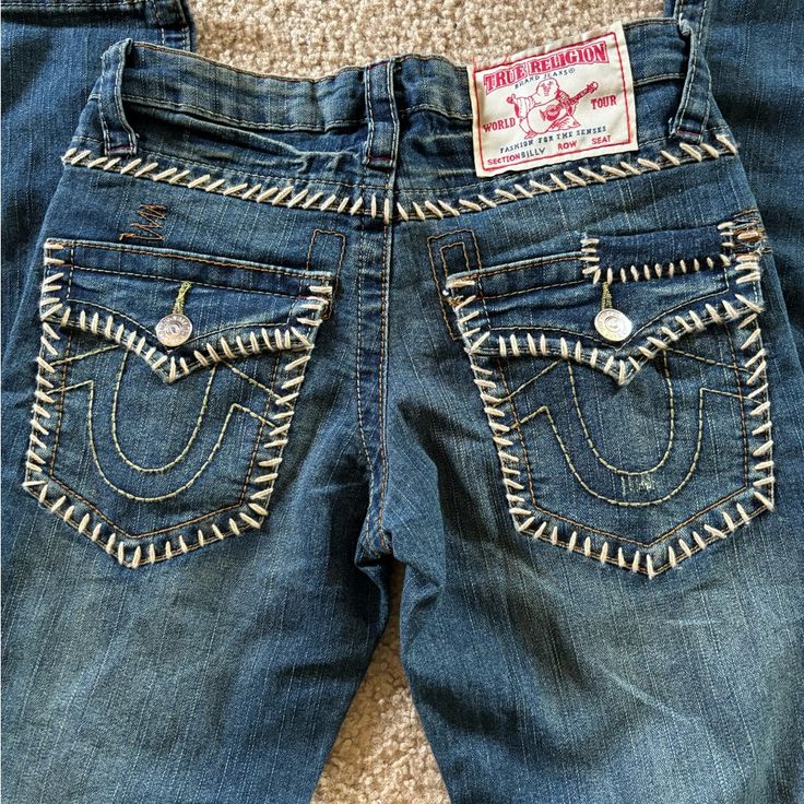 New Without Tags Whipstitched Trimming Straight Leg Distressed Denim Medium Wash Denim Jeans With Contrast Stitching, Blue Jeans With Contrast Stitching For Fall, Denim Jeans With Contrast Stitching For Spring, Spring Denim Jeans With Contrast Stitching, Straight Denim Jeans, Straight Cut Jeans, Horse Stuff, Straight Leg Denim, True Religion Jeans