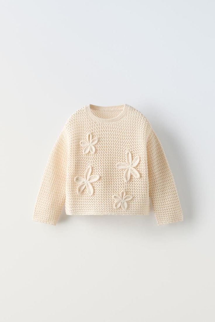 FLORAL KNIT SWEATER - Ecru | ZARA United States Stylish Baby Girl Outfits, Stylish Baby Girls, Jeans Blazer, Crochet Coat, Floral Sweater, Floral Knit, Long Sleeve Knit Sweaters, Linen Blazer, Kids Sweater