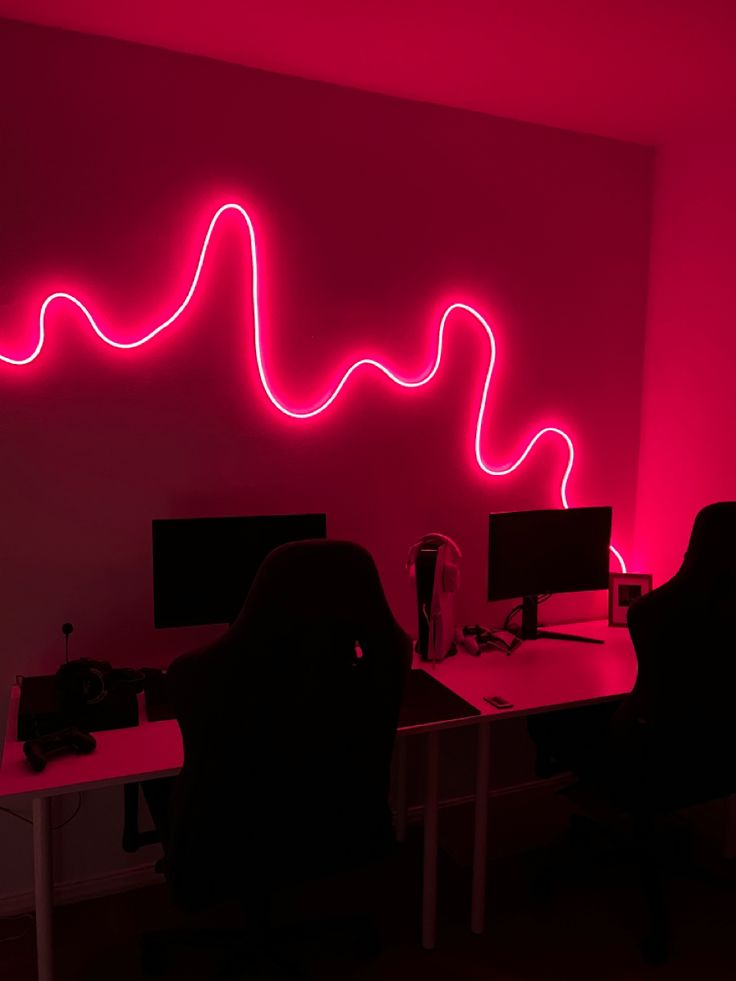 A gaming room, with setup for playstation 5 and PC, with RGB NEON LED LIGHT STRIPS, sound response. Couples gaming corner, couples gaming room. Neon Light Wall Design, Guys Room Aesthetic Led Lights, Led Light Art Bedroom, Rope Lights Bedroom, Black Lights Bedroom, Led Strip Lighting Ideas, Led Lights Bedroom Aesthetic, Led Lights Bedroom, Diy Neon Sign