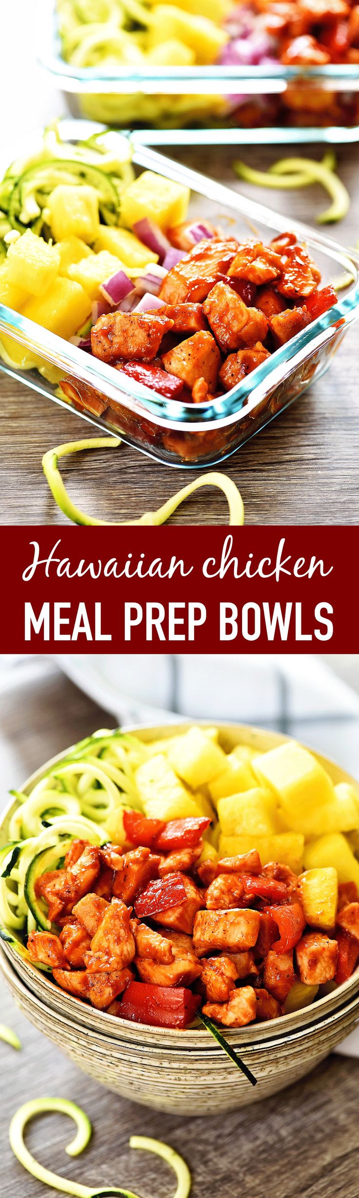 hawaiian chicken meal prep bowls with pineapples and peppers