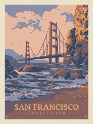 the san francisco bridge is shown in this vintage style poster, with waves crashing on the shore