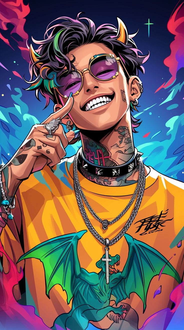 a drawing of a man with tattoos and piercings on his head, wearing sunglasses