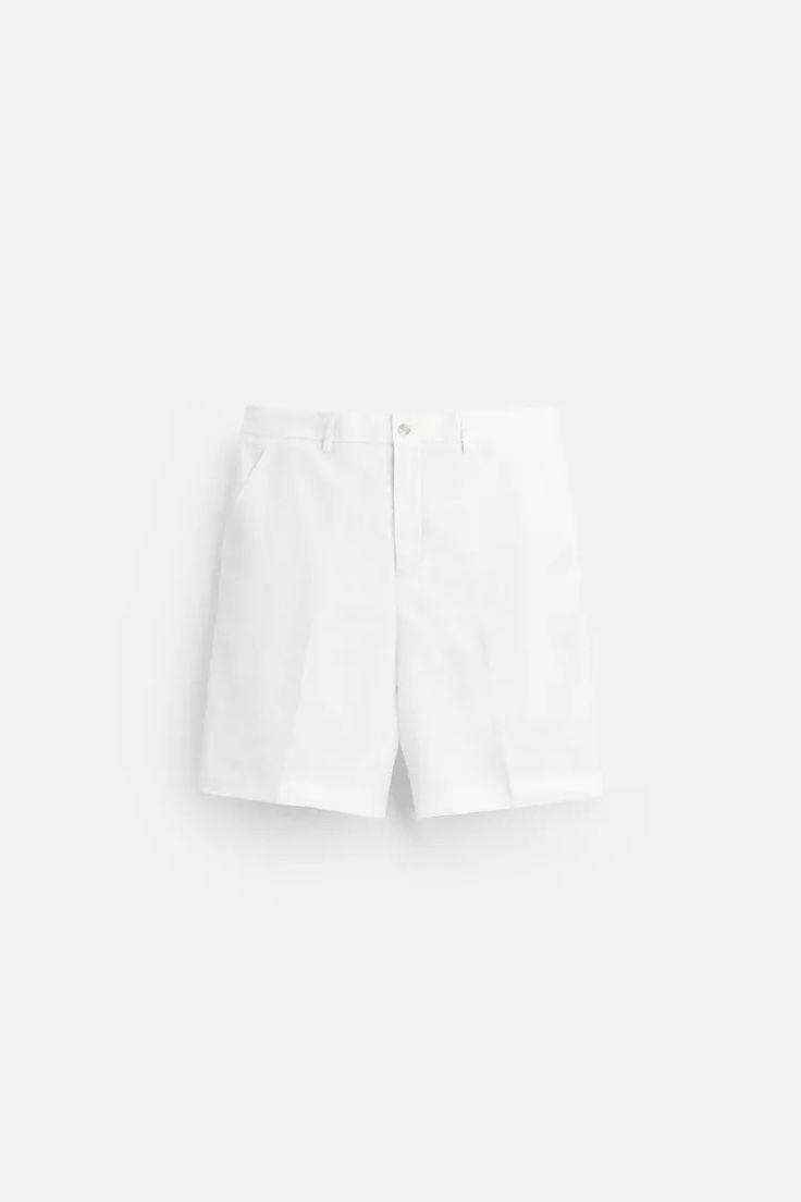 100% LINEN SHORTS - White | ZARA United States Classic Linen Bermuda Shorts For Summer, Classic White High-waisted Bermuda Shorts, Classic White Shorts With Pockets, Classic Linen Shorts, Classic Short Linen Bottoms, Classic Bermuda Shorts With Short Inseam For Summer, White High-waisted Linen Bermuda Shorts, Classic White Bermuda Shorts For Summer, Classic Summer Bermuda Shorts