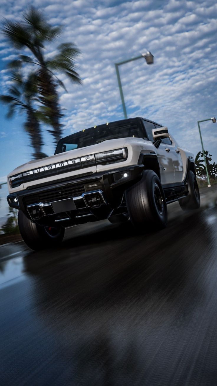 a white truck driving down a street next to tall palm trees and cloudy blue sky