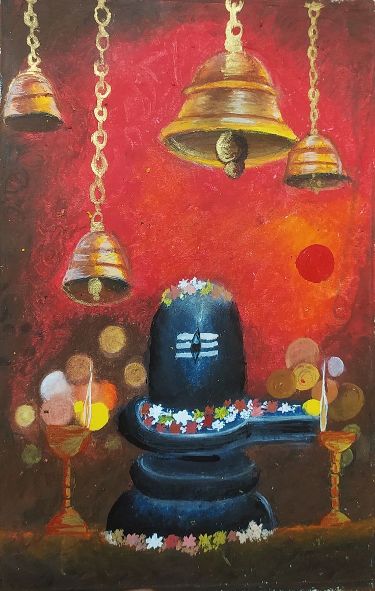 a painting with bells hanging from it's ceiling and some decorations on the table