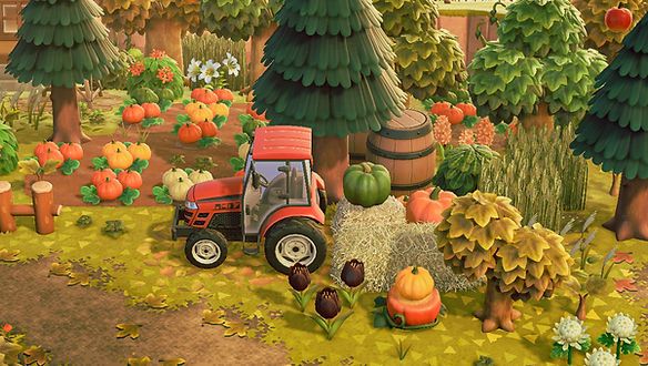 an animated farm scene with a tractor and pumpkins on the ground in front of trees