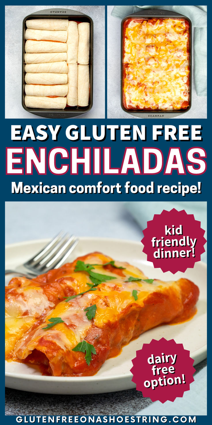 2 process shots over a closeup of a white plate with two enchiladas topped with red sauce and melted cheese Easy Dinner Recipes For Family Gluten Dairy Free, Gluten Free Beef Enchiladas, Gluten Free Cheese Enchiladas, Gluten Free Enchilada Casserole, Dairy Free Enchiladas, Gluten Free Mexican Recipes, Gf Dinners, Creamy Enchilada, Gluten Free Enchiladas