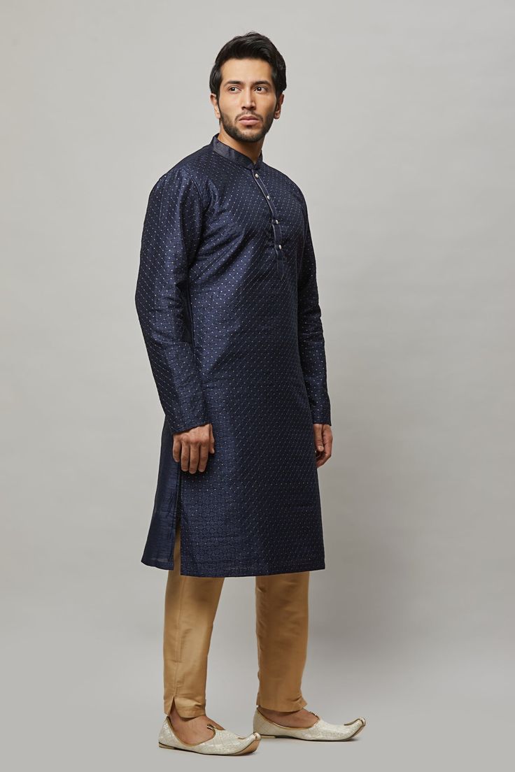 Raw Silk Kurta with thread and gold sequence embroidered in the fabric plus gold churidar Crafted with a collar neckline, full sleeves, and front button closure. Occasion: Can be worn to lighter events like Sangeet, Mehendi, Puja, or a small party WASH CARE INSTRUCTIONS - Please Dry clean only when it is applicable. Slight color variation is possible due to digital photography. Elegant Churidar With Dabka Work, Elegant Long Sleeve Zari Work Churidar, Elegant Long Sleeve Churidar With Zari Work, Party Nehru Jacket With Long Sleeves And Dabka Detailing, Long Sleeve Traditional Wear For Winter Party, Long Sleeve Sherwani For Festive Party, Festive Long Sleeve Sherwani For Party, Transitional Long Sleeve Nehru Jacket For Party, Fitted Long Sleeve Kurta For Semi-formal Occasions