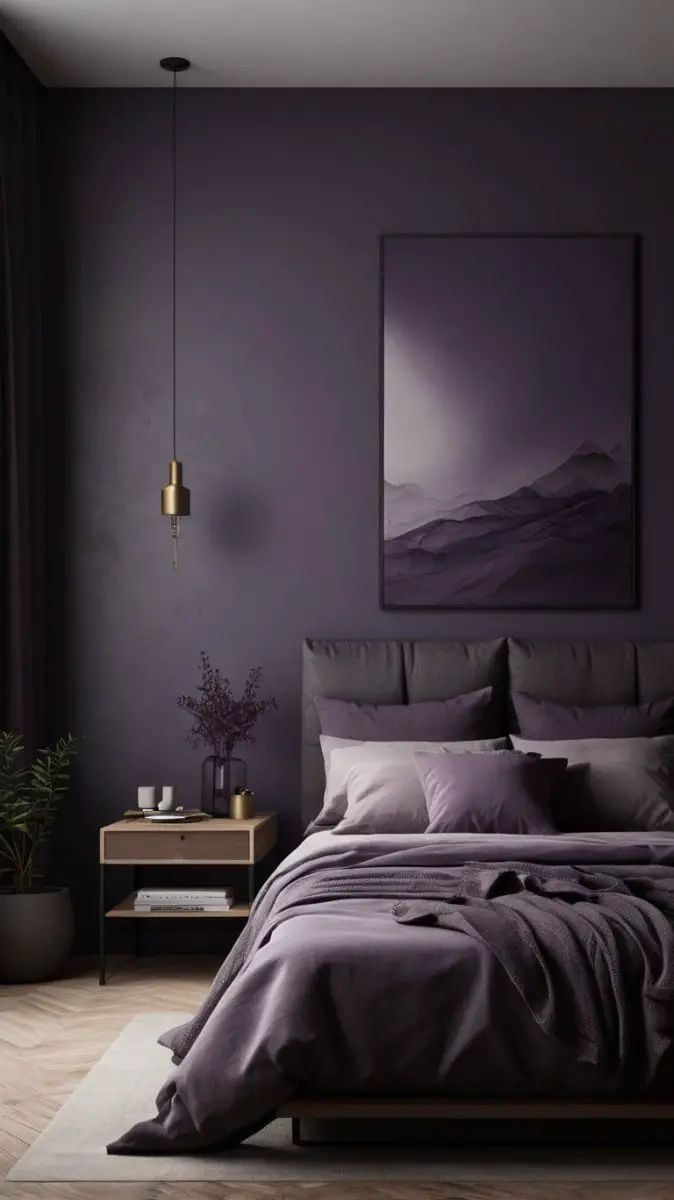 a bedroom with dark purple walls and bedding in the corner, along with a painting on the wall