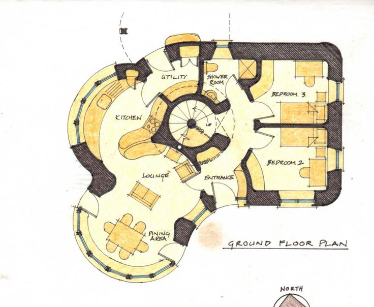 a drawing of a floor plan for a building with circular seating areas and round tables